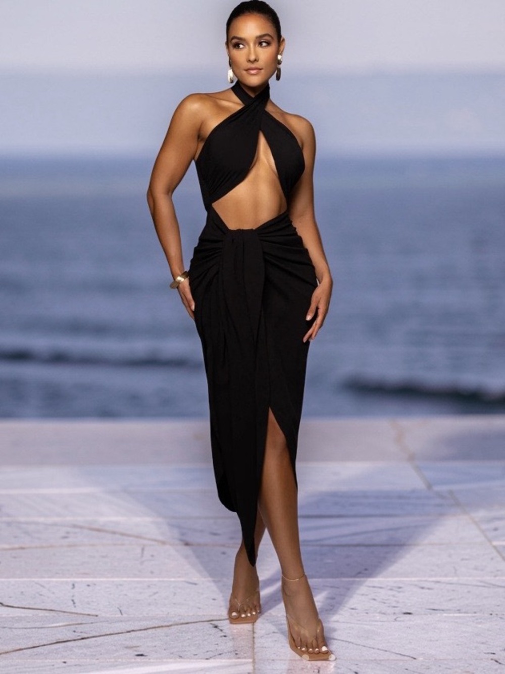 JLUXLABEL Black Sahara Dress Sarong Halter Maxi NWT Size XL